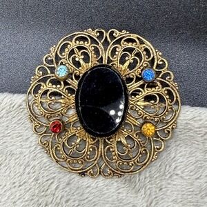 Vintage Estate Filigree Brooch Gold Tone Black Cabochon Multi Rhinestone 1.5in